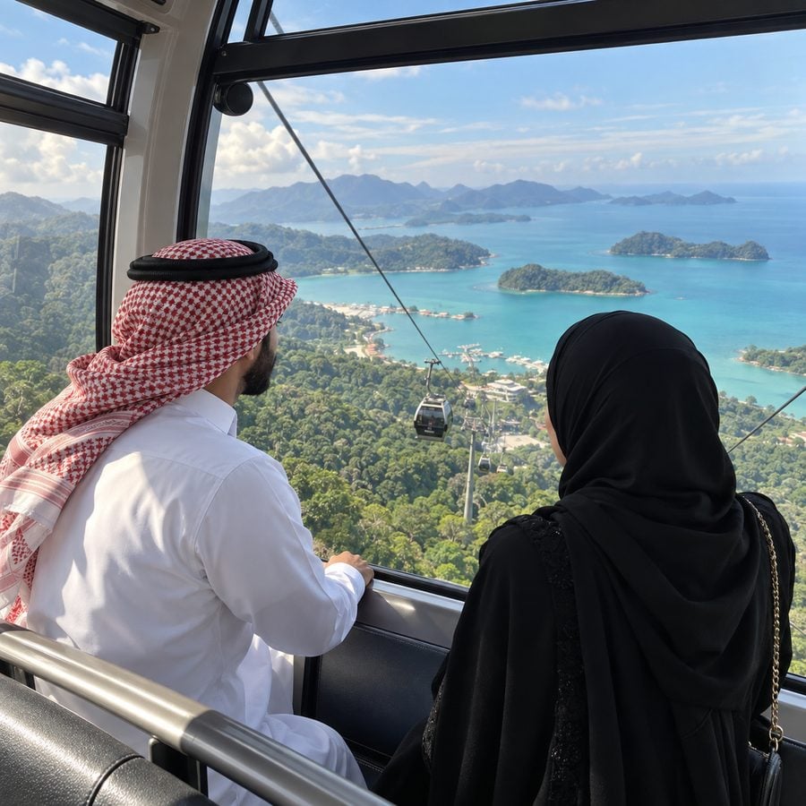 زوجان سعوديان يركبان التلفريك فوق الغابات الاستوائية في جزيرة لنكاوي الماليزية