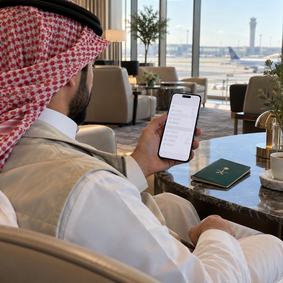 مسافر سعودي يفعّل شريحة eSIM على جواله في صالة المطار بجانب جواز السفر