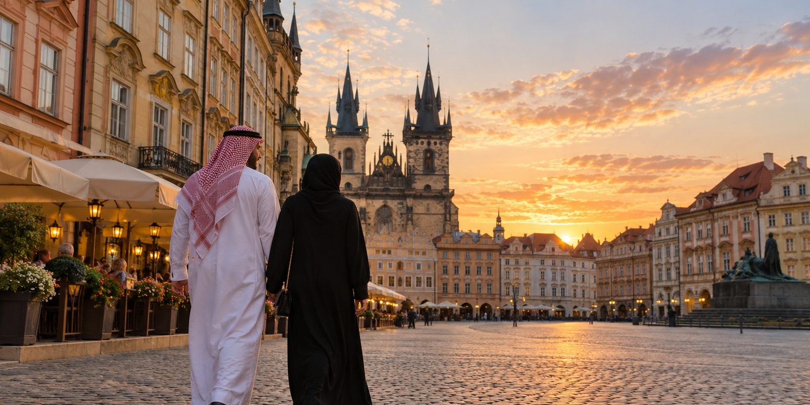 زوجان سعوديان يتجولان في ساحة مدينة أوروبية قديمة بمبانٍ ملونة وأرضية حجرية في ضوء الغروب