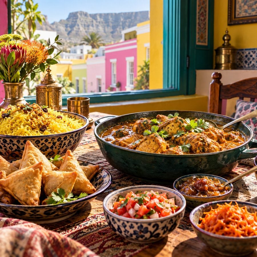 طبق كاري كيب ملايو بالدجاج مع أرز أصفر وسمبوسة في مطعم ببيت ملون في بو كاب