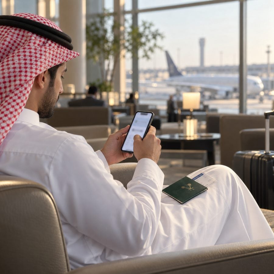 مسافر سعودي يعبئ بطاقة الوصول الإلكترونية على جواله في صالة المطار قبل الرحلة