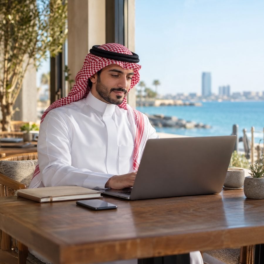 مسافر سعودي يعمل على حاسوبه المحمول في مقهى هادئ مطل على البحر