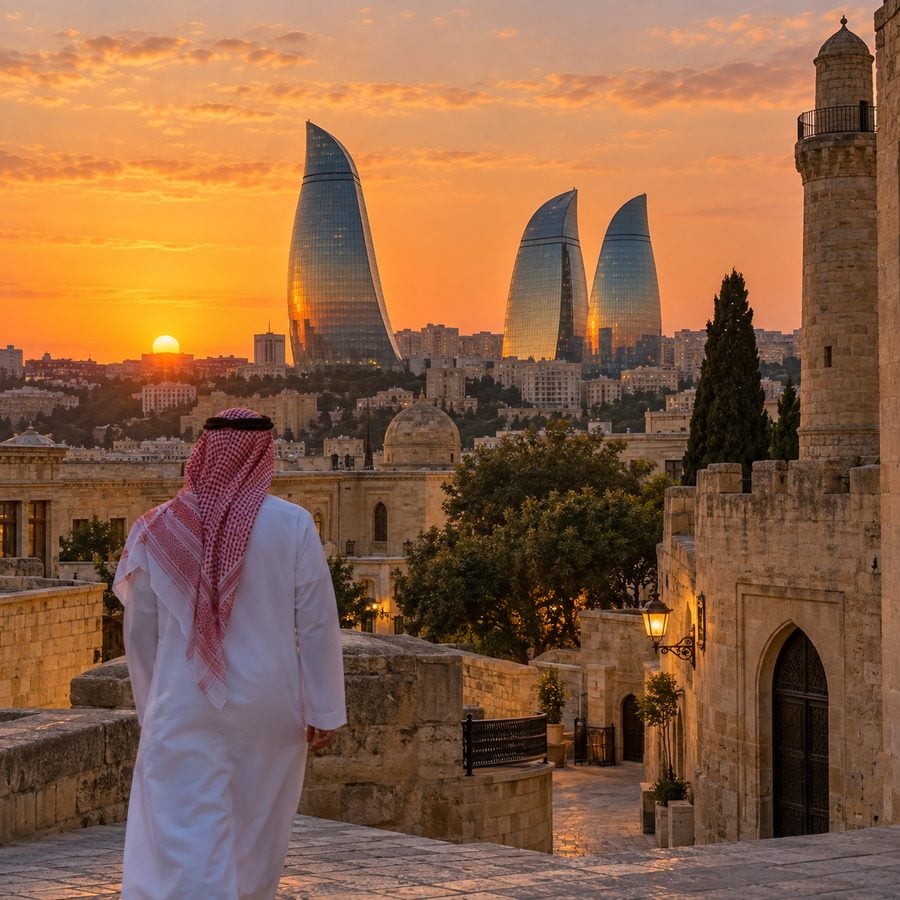 أبراج اللهب في باكو فوق أسوار المدينة القديمة وقت الغروب