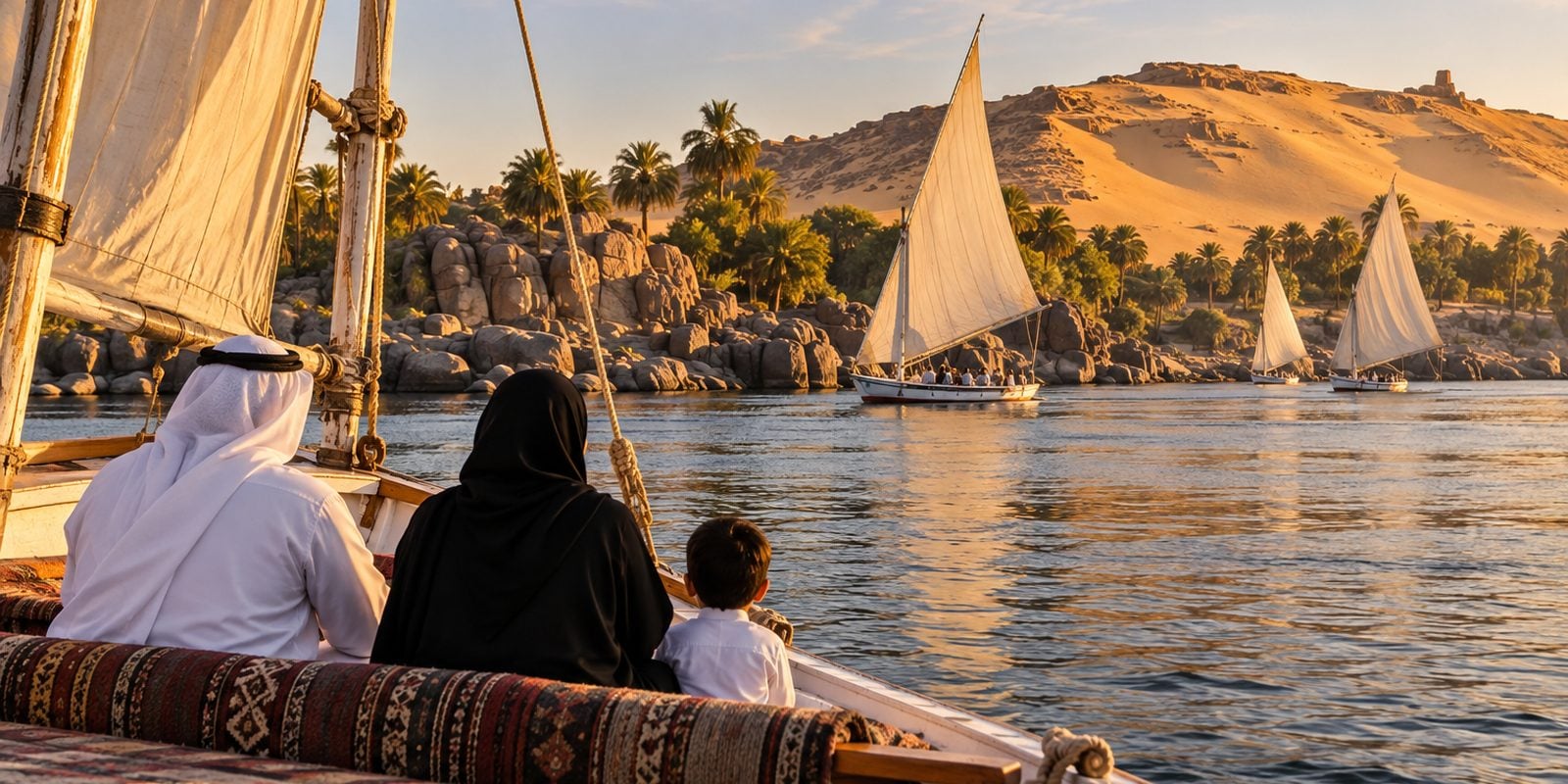 مراكب شراعية تقليدية على نهر النيل في أسوان مع الصخور والنخيل وقت العصر