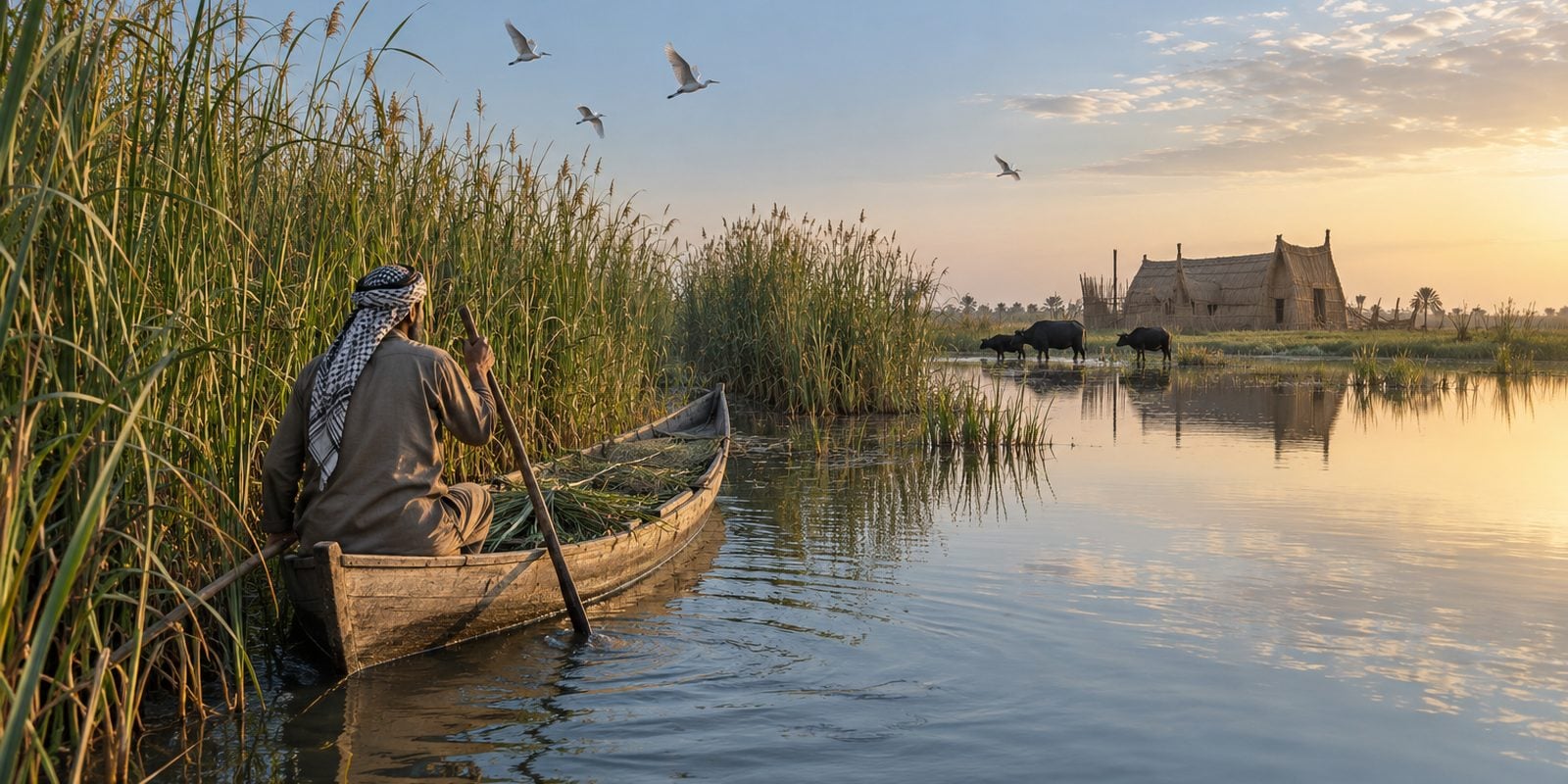 قارب خشبي تقليدي يعبر ممراً مائياً بين غابات القصب في أهوار جنوب العراق صباحاً