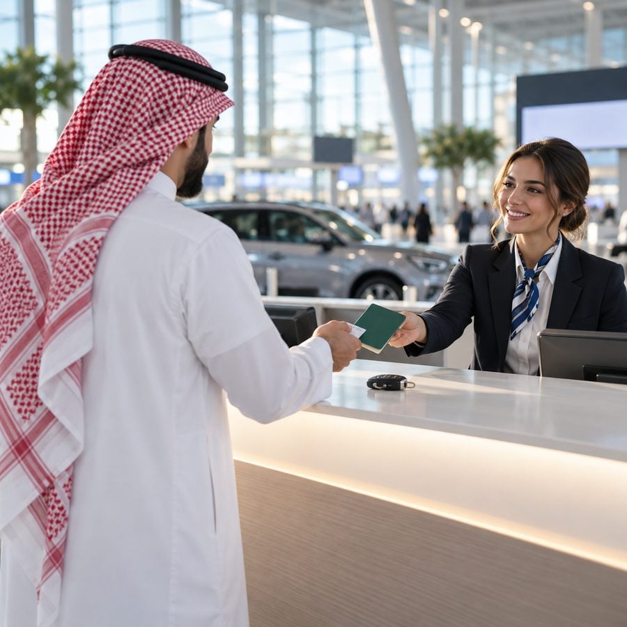 مسافر سعودي يقدّم رخصته وجواز سفره لموظف مكتب تأجير السيارات في مطار أوروبي