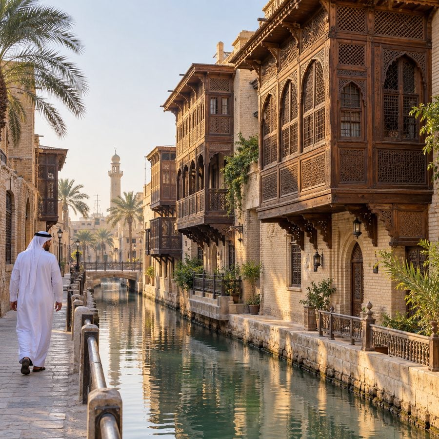 بيوت الشناشيل التراثية بشرفاتها الخشبية المزخرفة على نهر صغير في البصرة القديمة
