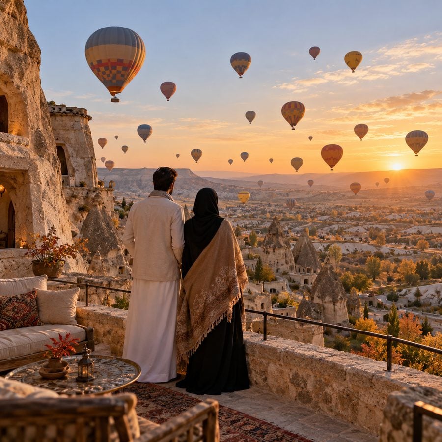 زوجان سعوديان على شرفة فندق كهفي يشاهدان المناطيد فوق وديان كابادوكيا عند الفجر