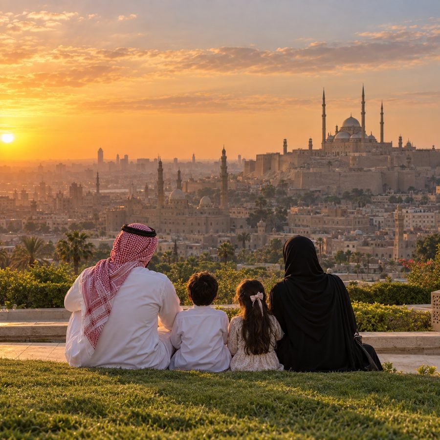عائلة سعودية في حديقة الأزهر بالقاهرة مع إطلالة على القلعة ومآذن المدينة وقت الغروب