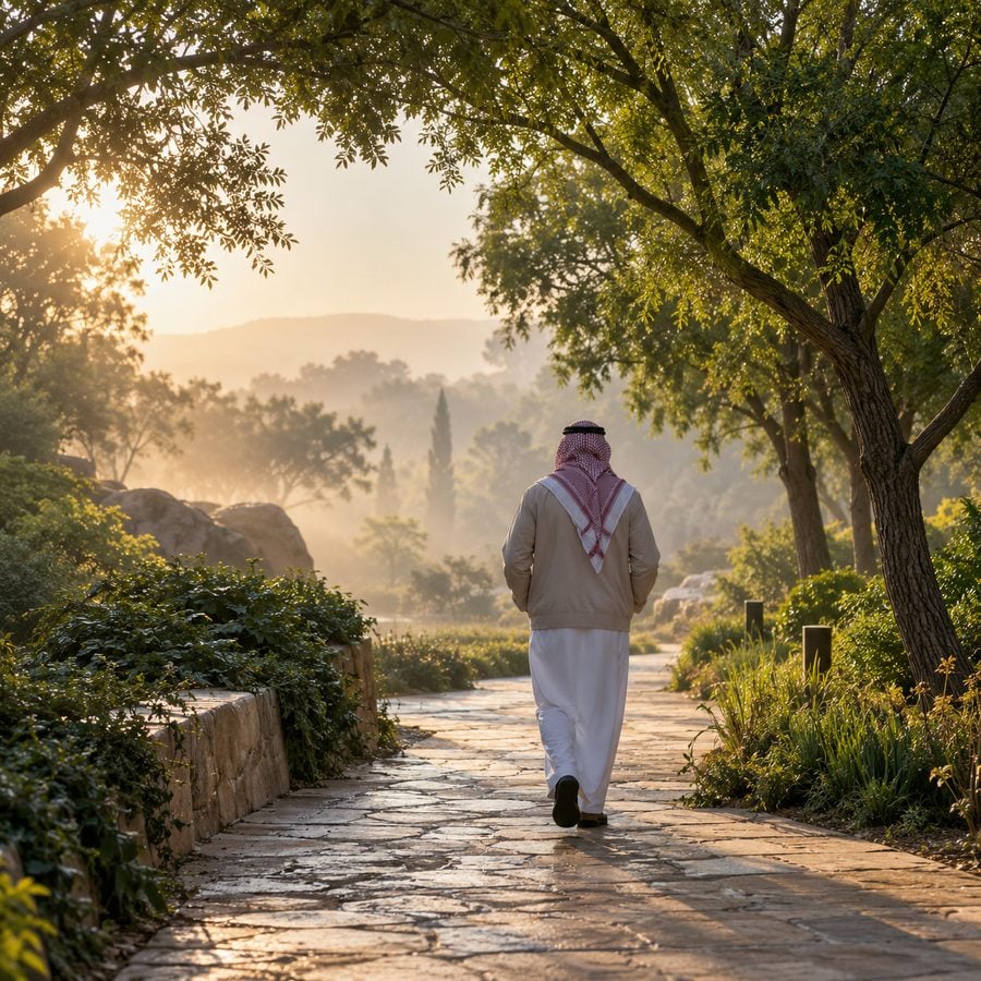 مسافر سعودي بثوب أبيض وسترة خفيفة يمشي في مسار حديقة خضراء هادئ صباحاً