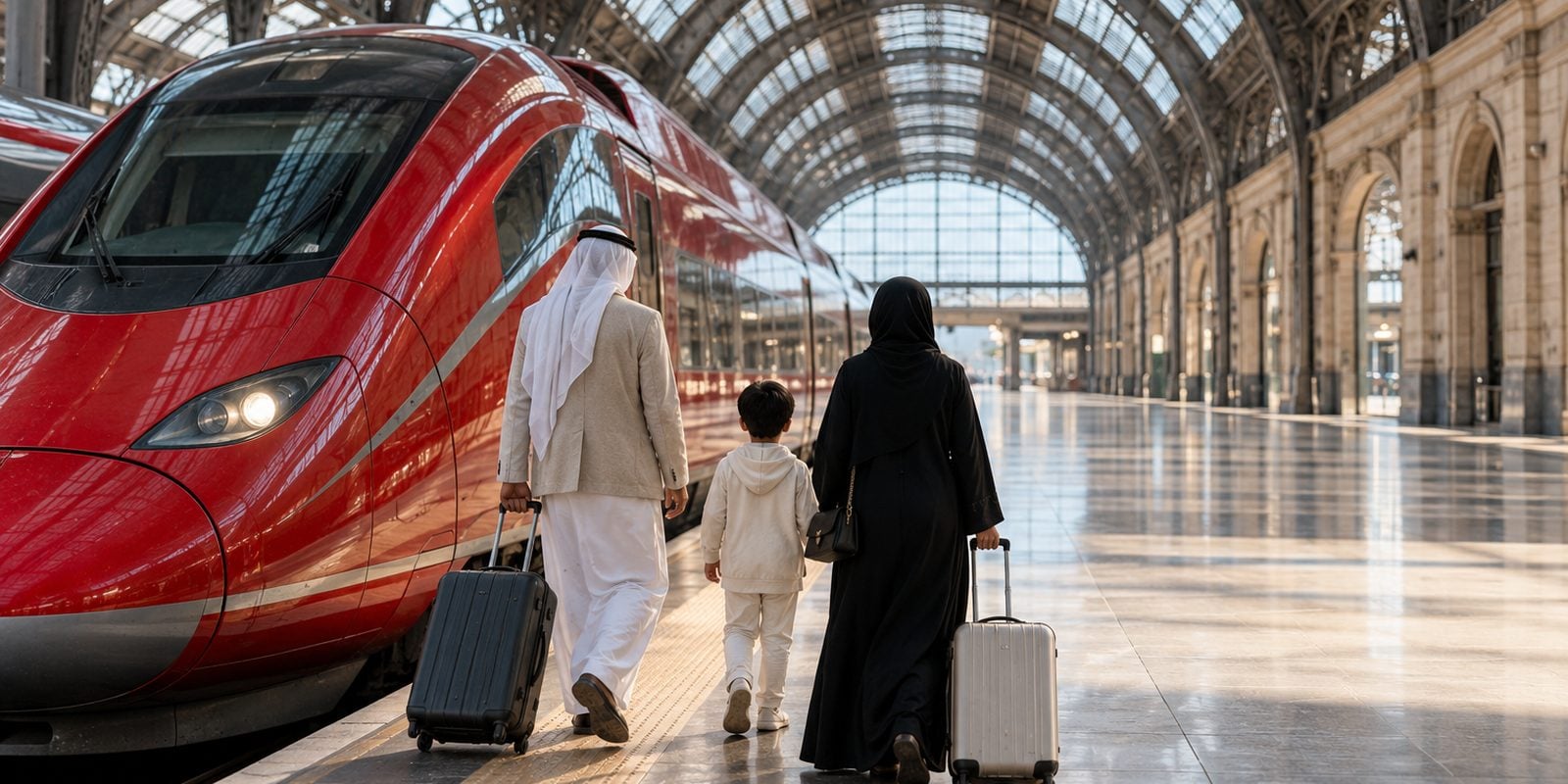 قطار إيطالي سريع على رصيف محطة قطارات كبرى في إيطاليا