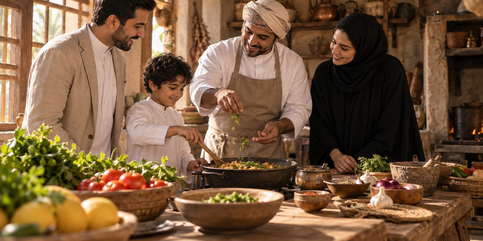 زوجان خليجيان يتعلمان إعداد طبق محلي في درس طبخ مع طاهٍ في مطبخ تقليدي