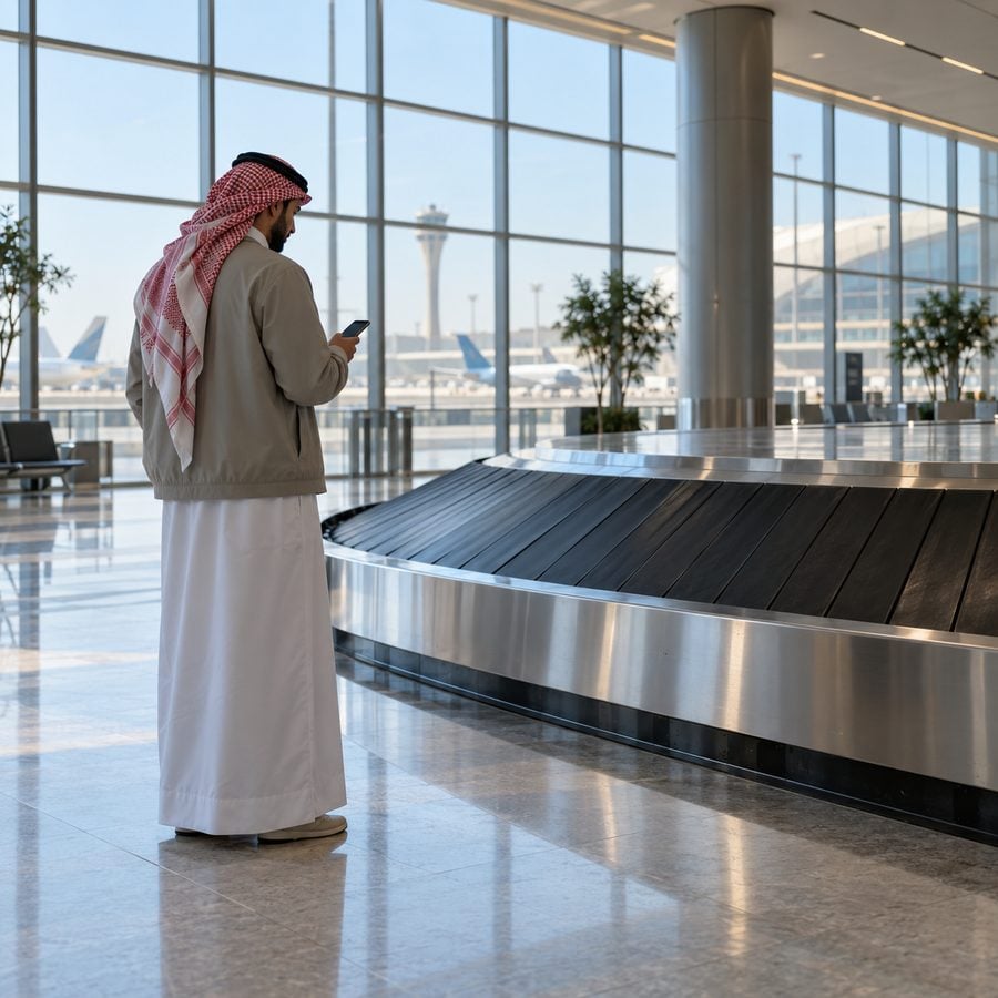 مسافر سعودي يقف أمام سير الأمتعة الفارغ في صالة الوصول بمطار دولي منتظراً حقيبته