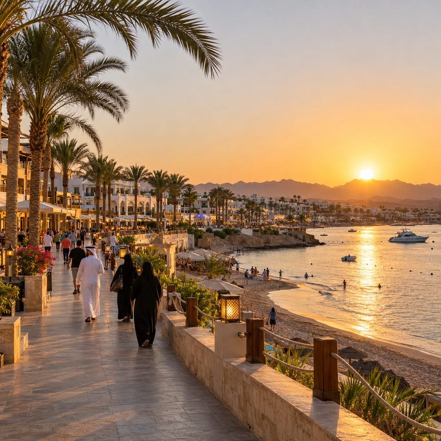 ممشى خليج نعمة في شرم الشيخ وقت الغروب مع أشجار النخيل والبحر الهادئ
