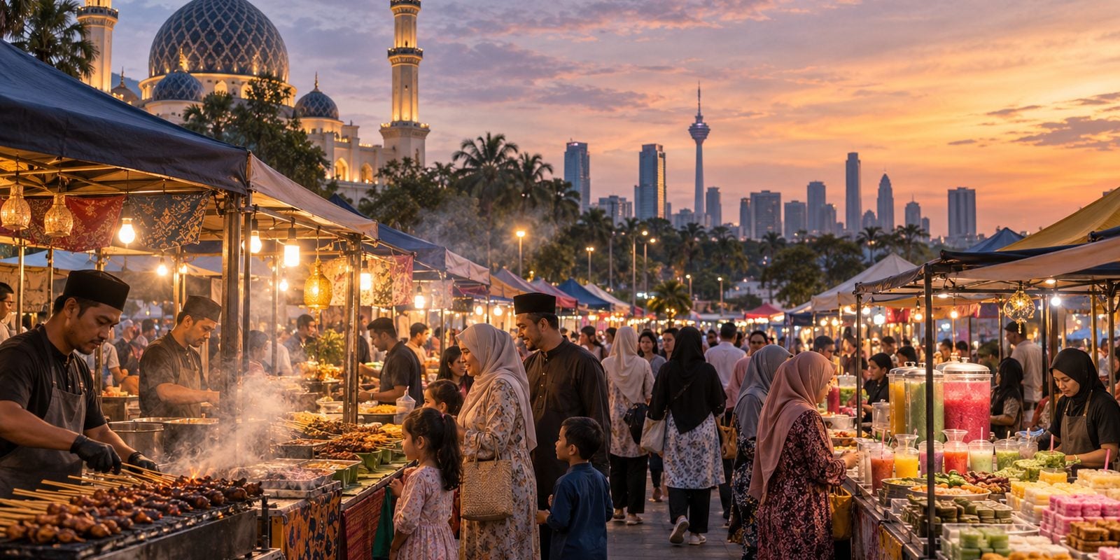 سوق رمضاني مزدحم بأكشاك الطعام في كوالالمبور وقت المغرب