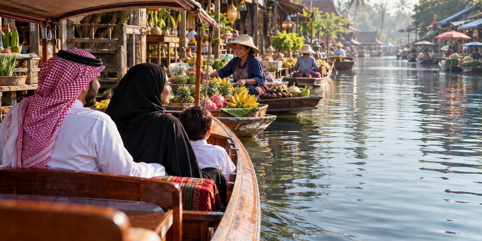 قوارب خشبية محمّلة بالفواكه في سوق عائم على قناة قرب بانكوك في ضوء الصباح
