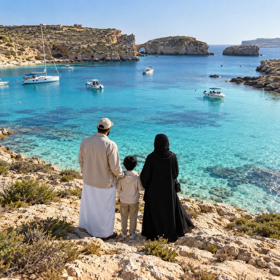 مياه البحيرة الزرقاء الفيروزية في جزيرة كومينو بين مالطا وغوزو