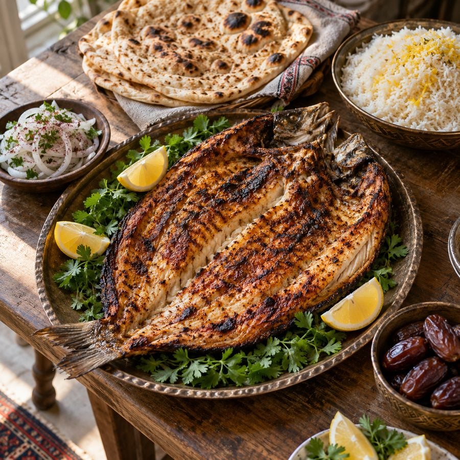 سمك مشوي على الطريقة العراقية مع خبز التنور والأرز والتمر على مائدة بصرية