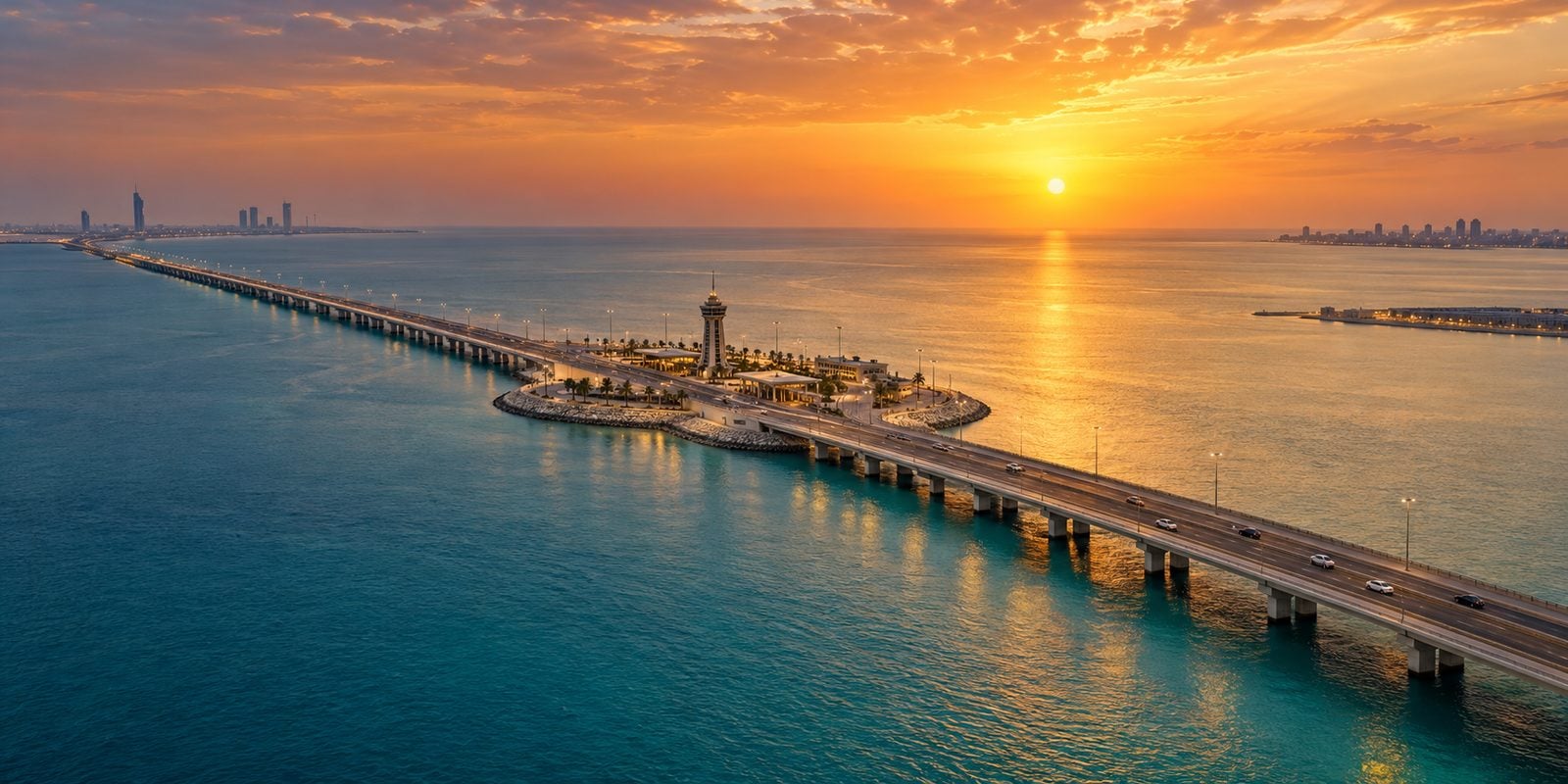 جسر الملك فهد بين السعودية والبحرين وقت الغروب وعليه سيارات عابرة
