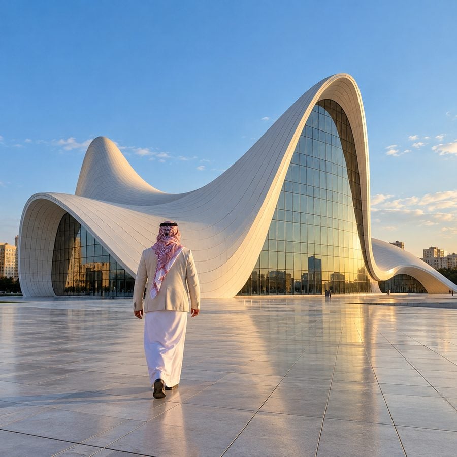 مسافر سعودي أمام مركز حيدر علييف بتصميمه المنحني الأبيض في باكو