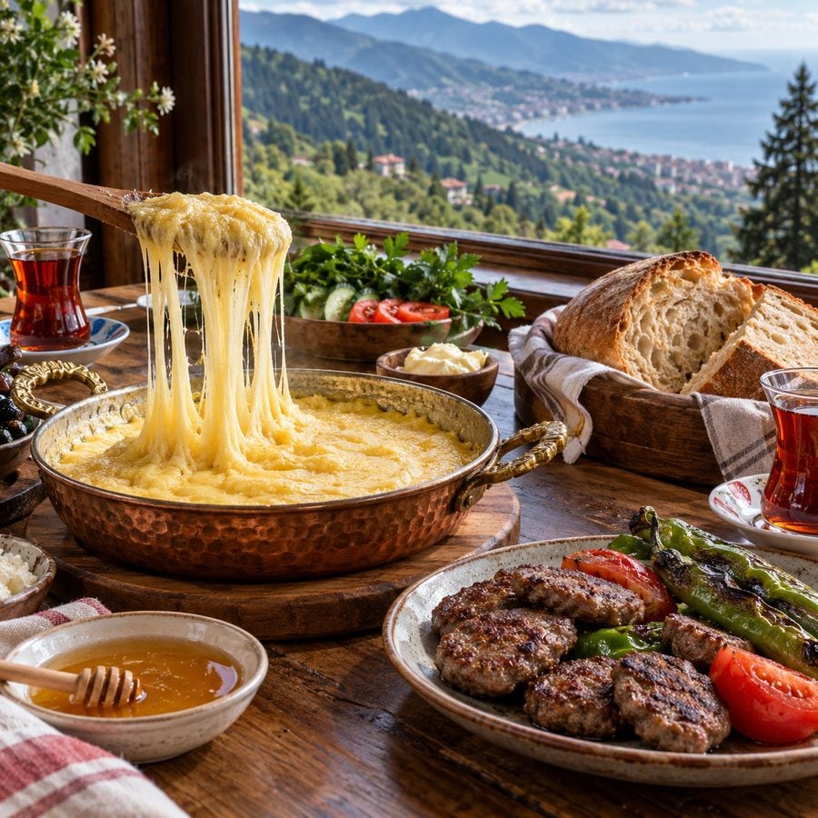 إفطار من مطبخ البحر الأسود فيه طبق الكويماك بالجبن الذائب وخبز طرابزون وشاي تركي