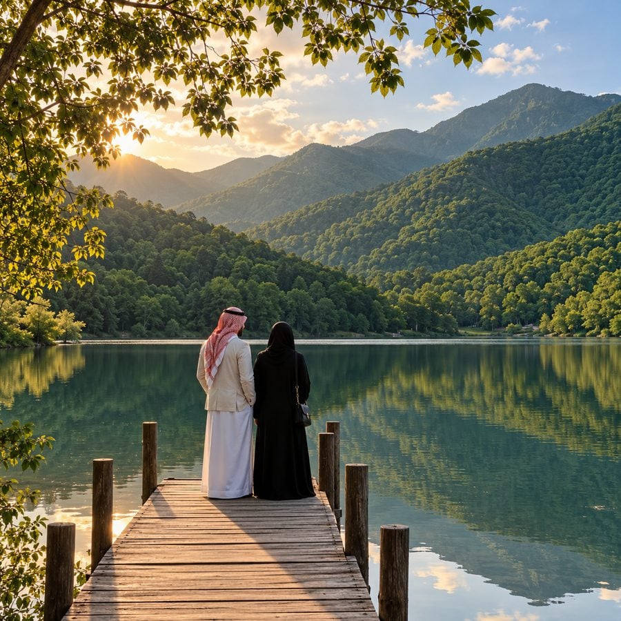 بحيرة نوهور الهادئة في قبالة بأذربيجان تحيط بها جبال القوقاز الخضراء