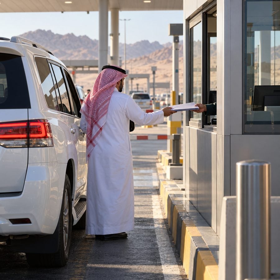 سيارة دفع رباعي بيضاء تقف عند منفذ حدودي بري وسائقها بالثوب السعودي يحمل ملف أوراق السيارة