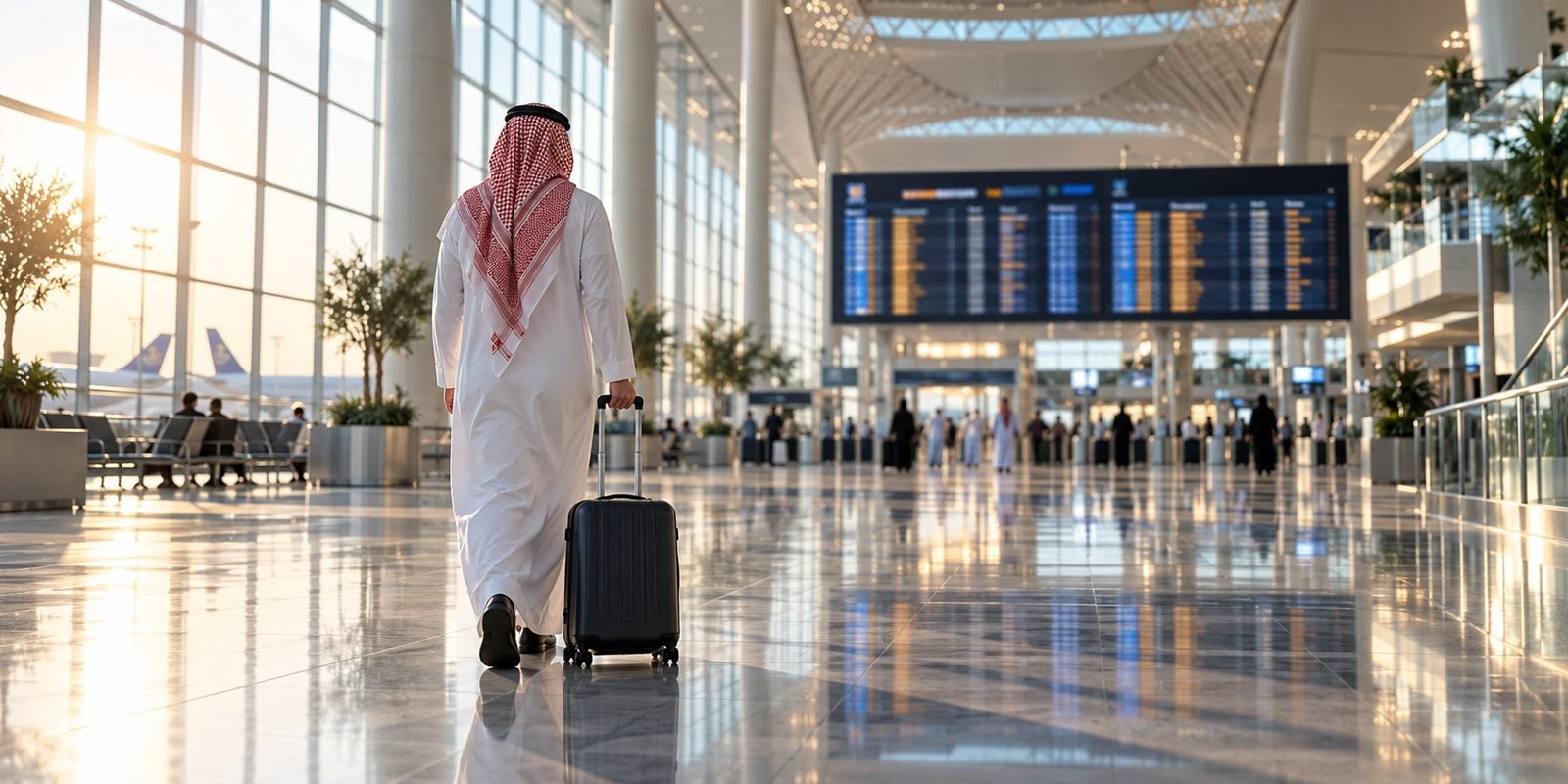 مسافر سعودي بثوب أبيض يسحب حقيبته في صالة مغادرة مضيئة أمام لوحة الرحلات