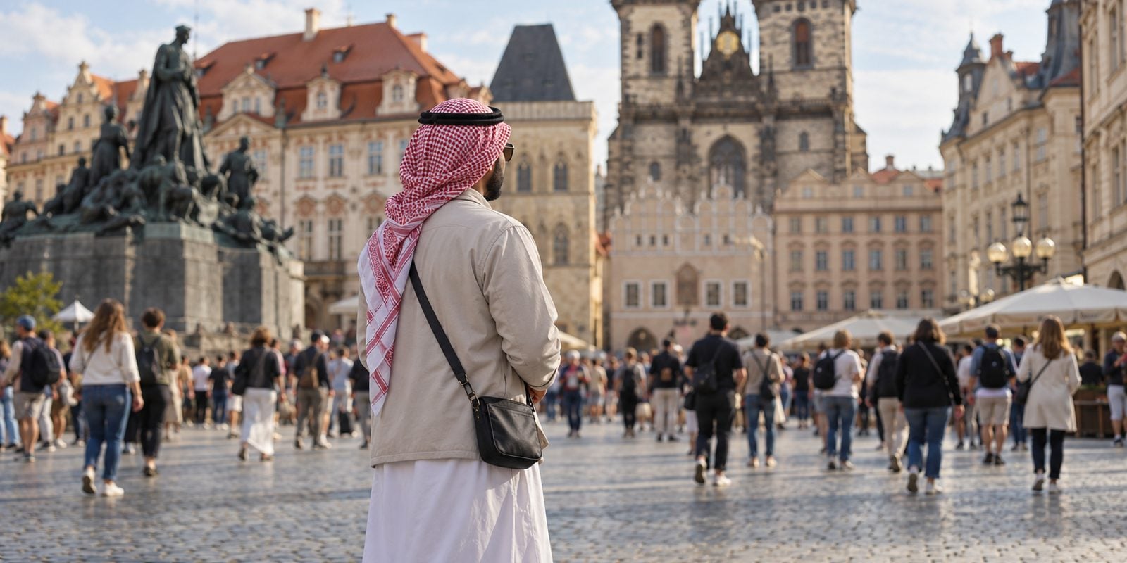 ساحة سياحية مزدحمة في مدينة أوروبية ومسافر سعودي يحمل حقيبته الصغيرة أمامه بانتباه
