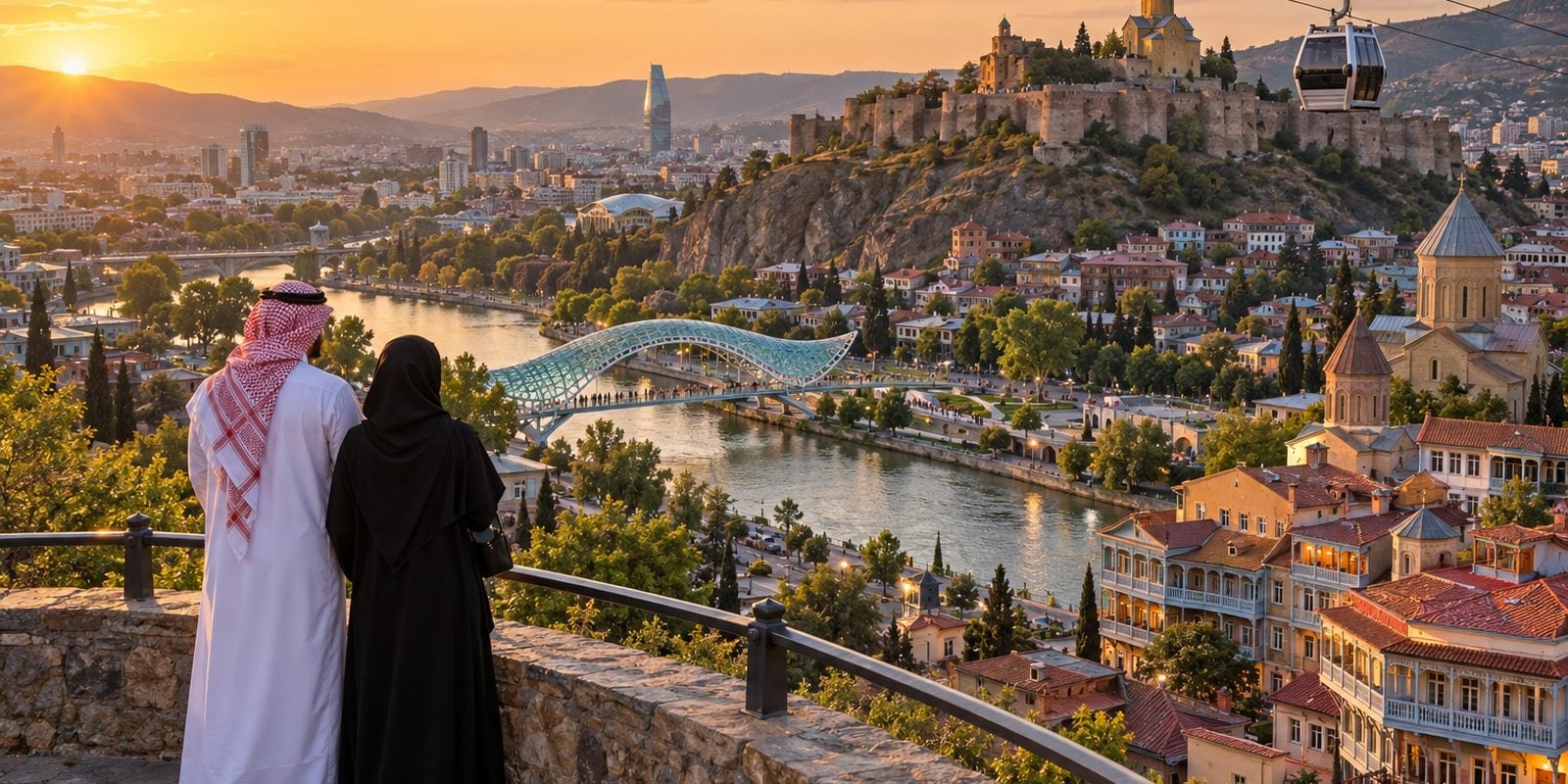 عربة تلفريك تصعد فوق نهر كورا نحو قلعة ناريكالا في تبليسي وقت الغروب