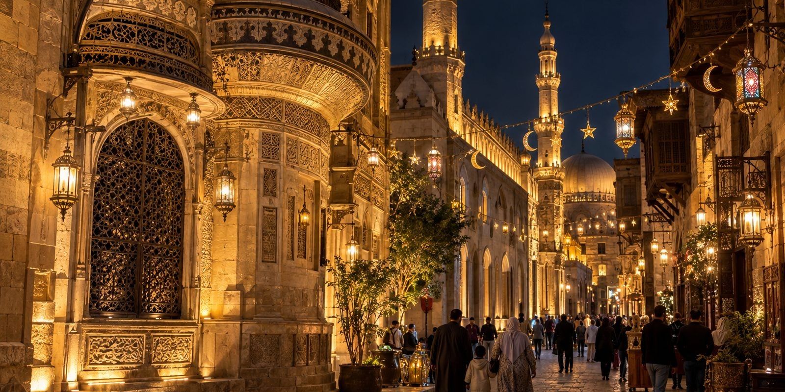 شارع المعز لدين الله الفاطمي ليلاً في رمضان بفوانيسه المضاءة وواجهاته الحجرية التاريخية