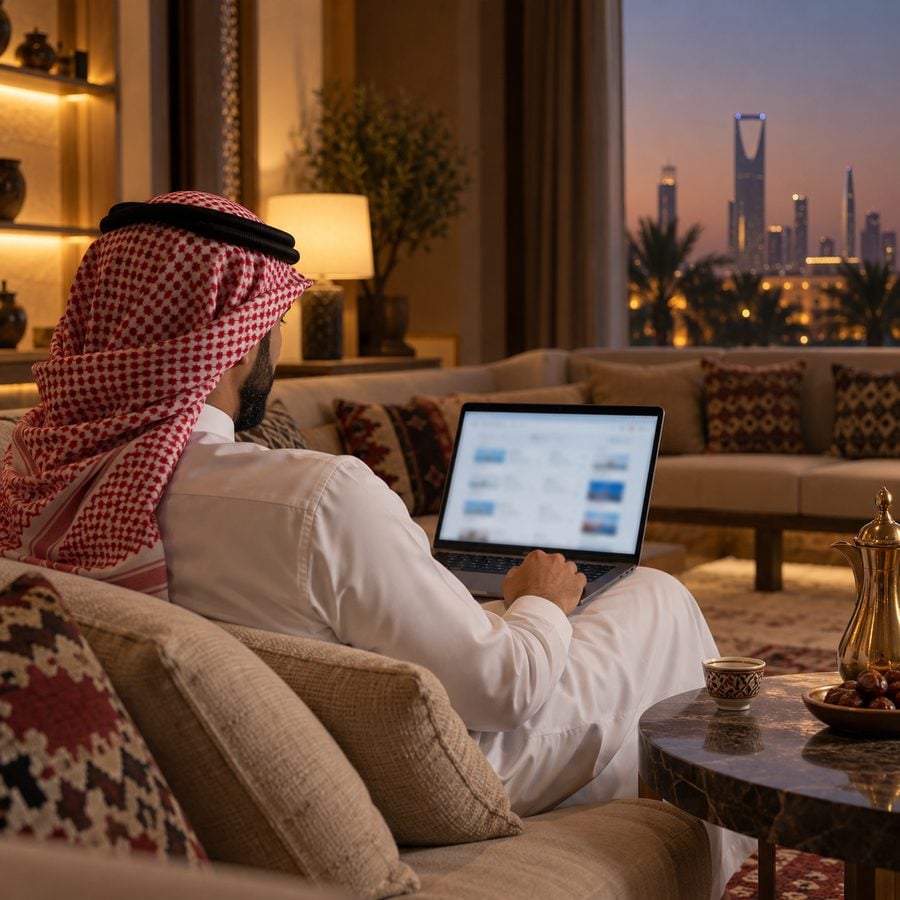 مسافر سعودي يقارن خيارات الرحلات على حاسوبه المحمول في مجلس منزلي هادئ