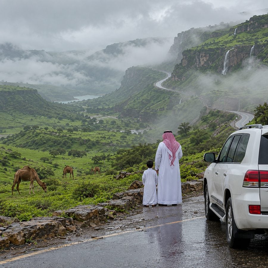 تلال خضراء يغطيها الضباب قرب صلالة في موسم الخريف مع جمال ترعى وسيارة عائلية على الطريق