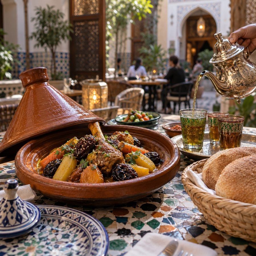 طاجين مغربي بالخضار واللحم مع الخبز والشاي بالنعناع على طاولة في مطعم تقليدي بالرباط