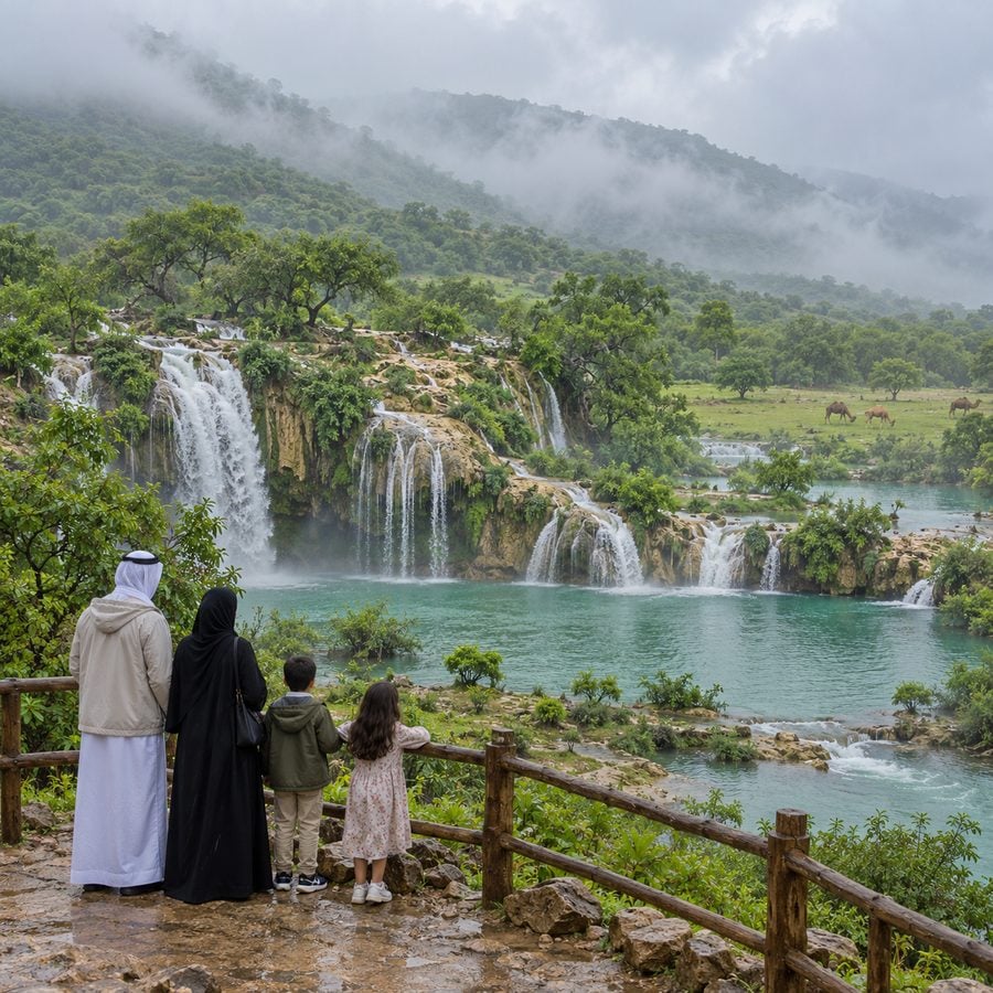 شلالات وادي دربات في صلالة وسط الخضرة والضباب في موسم الخريف مع عائلة خليجية
