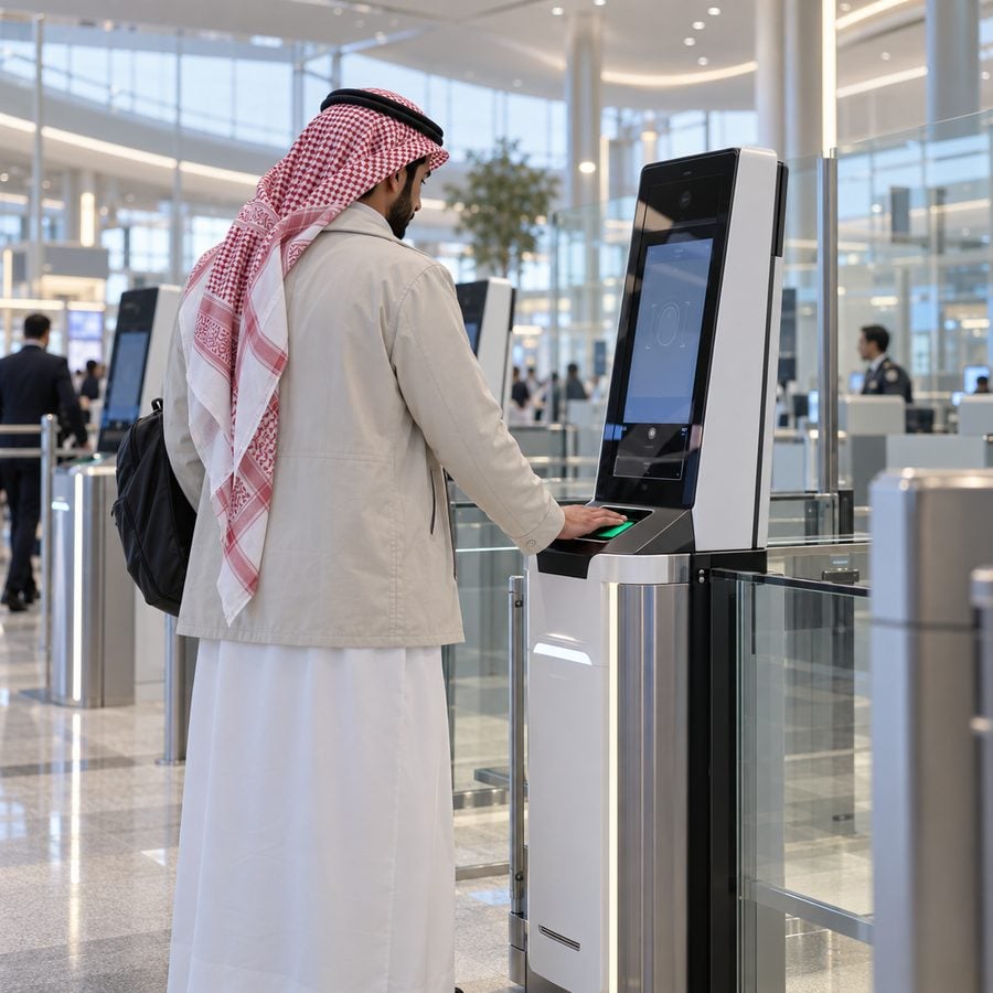مسافر سعودي يضع أصابعه على جهاز مسح البصمات في كشك تسجيل آلي عند منفذ الجوازات بمطار أوروبي