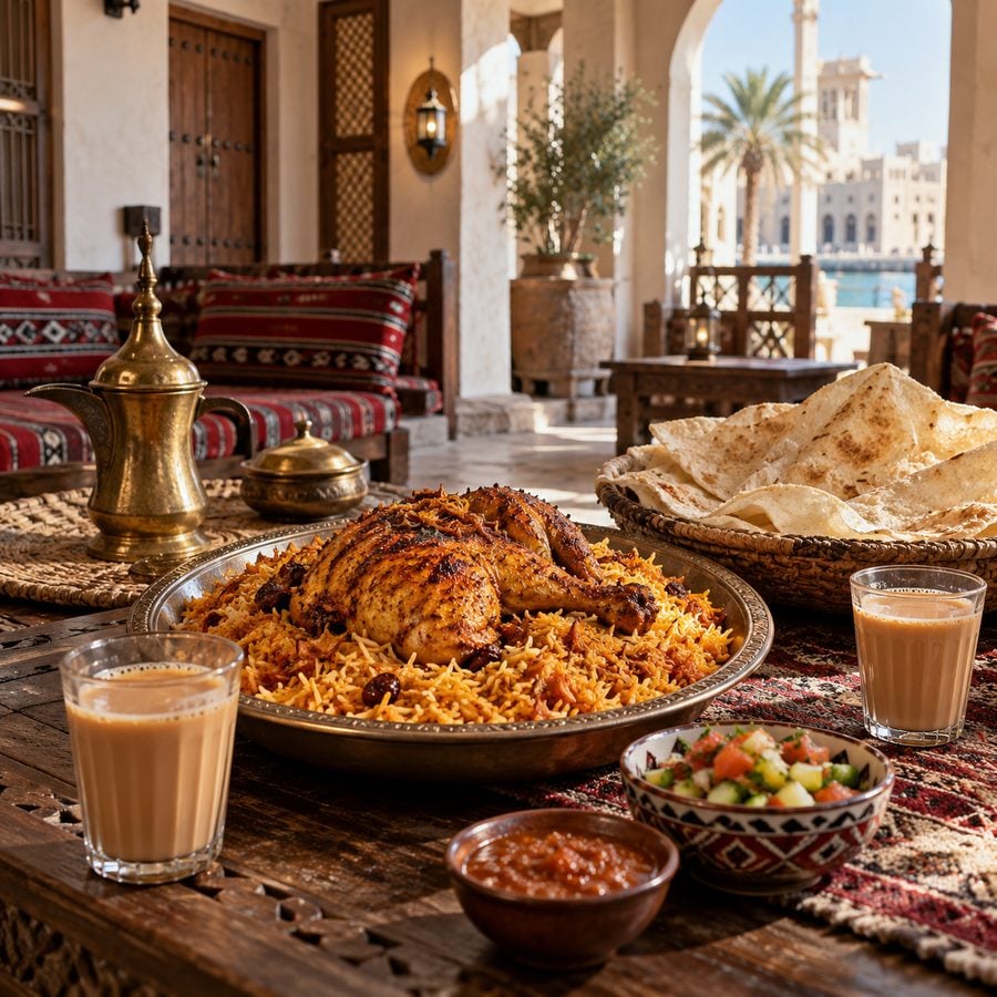 طبق مجبوس قطري مع خبز رقاق وشاي كرك في مطعم تراثي