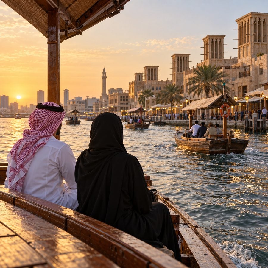 قوارب العبرة التقليدية في خور دبي مساءً في أجواء الشتاء المعتدلة