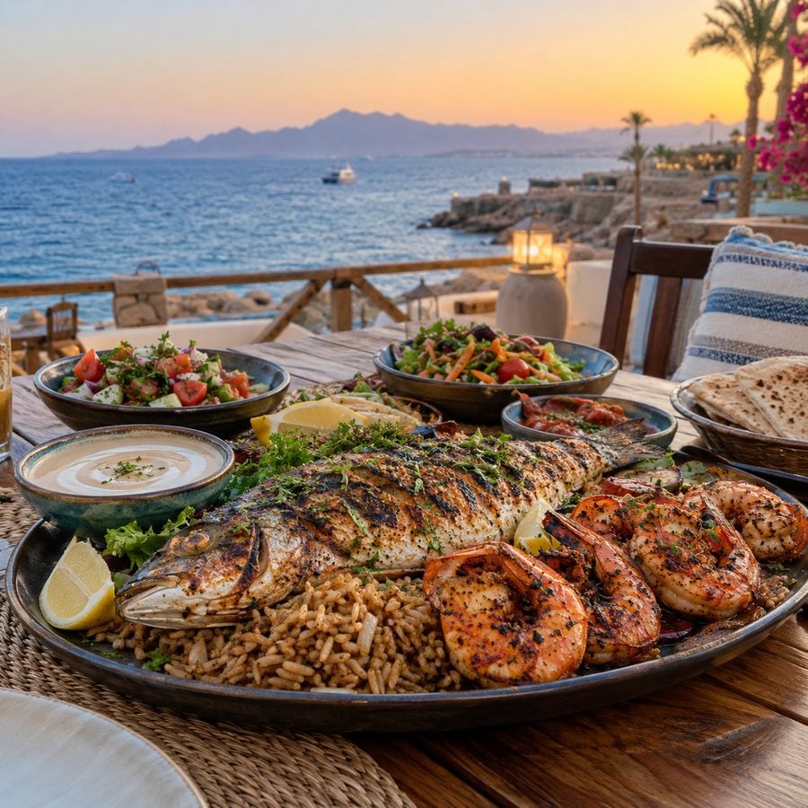 طبق سمك مشوي من البحر الأحمر مع أرز صيادية وسلطات على طاولة مطلة على البحر
