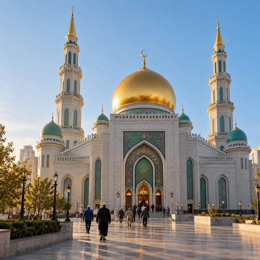 المسجد الجامع في موسكو بقبته الذهبية ومئذنتيه في ضوء الصباح