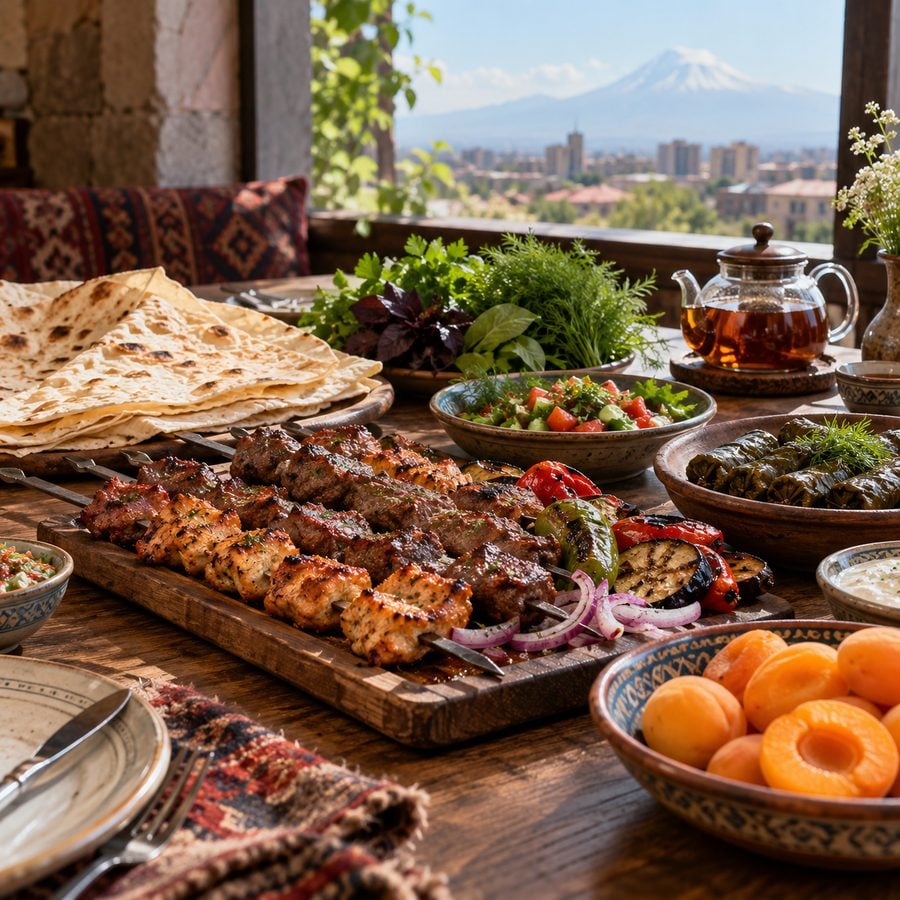 مائدة أرمنية فيها خبز اللافاش ومشاوي الخوروفاتس وورق العنب المحشي
