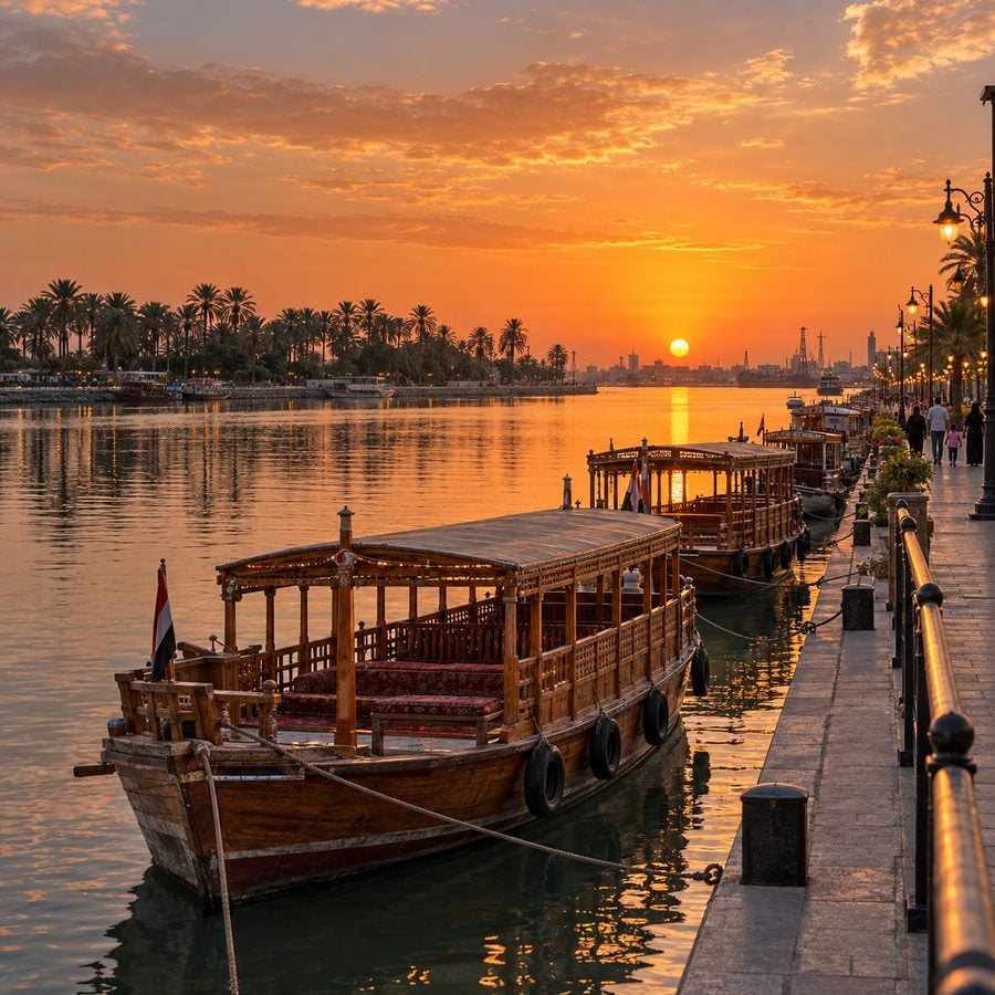 كورنيش شط العرب في البصرة وقت الغروب مع قوارب خشبية على النهر