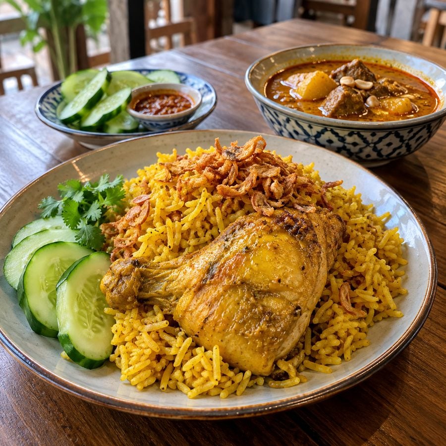طبق خاو موك غاي التايلاندي المسلم (أرز بالدجاج والبهارات) مع كاري ماسامان على طاولة مطعم حلال