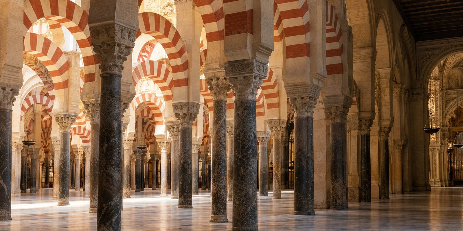 أقواس المسجد الجامع في قرطبة الحمراء والبيضاء في ضوء ناعم