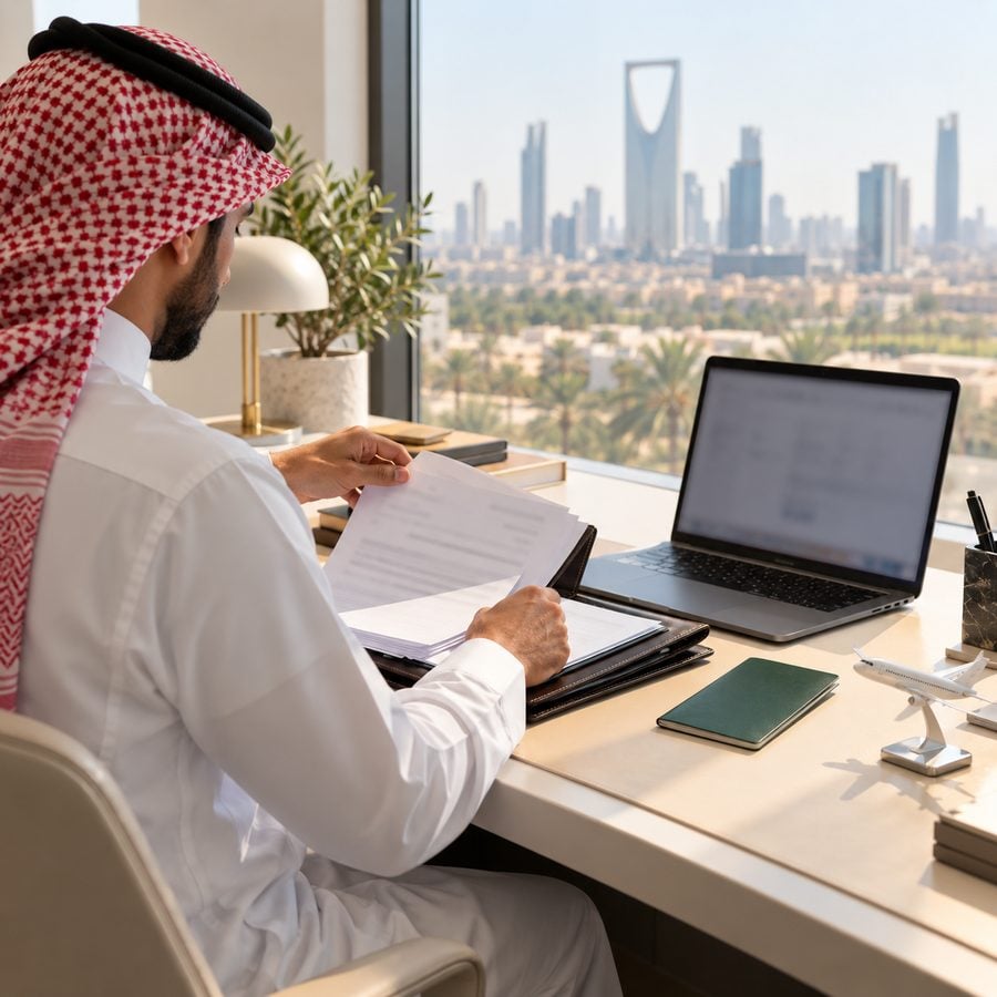 مسافر سعودي يراجع أوراق ملف التأشيرة وبجانبه جواز سفر وحاسوب محمول على مكتب مضيء