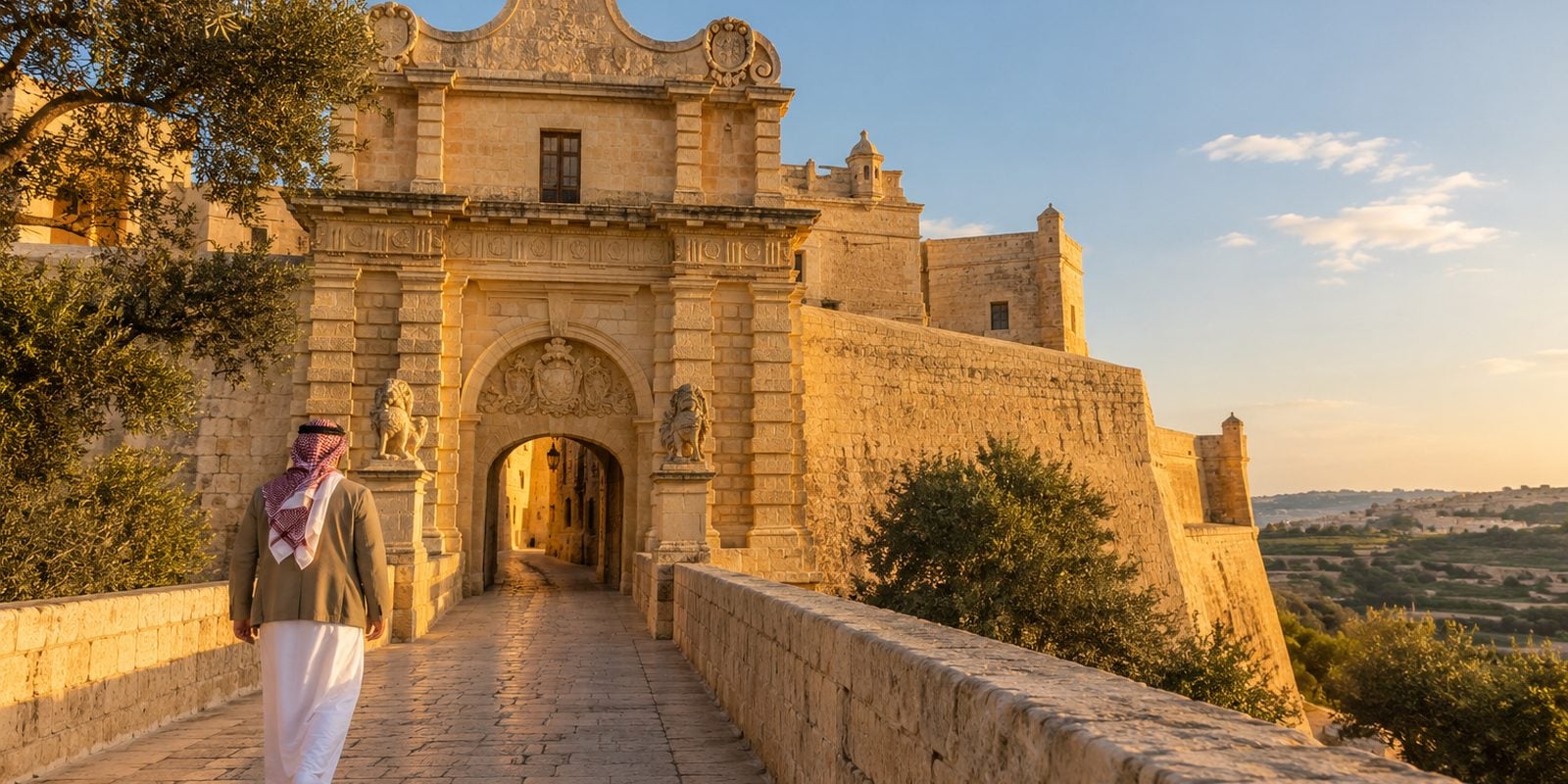أسوار مدينا الحجرية وبوابتها التاريخية في ضوء الغروب