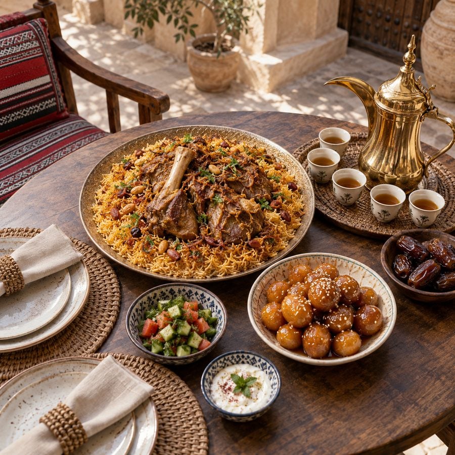 طبق مجبوس إماراتي بالأرز واللحم مع لقيمات بالدبس على مائدة تقليدية