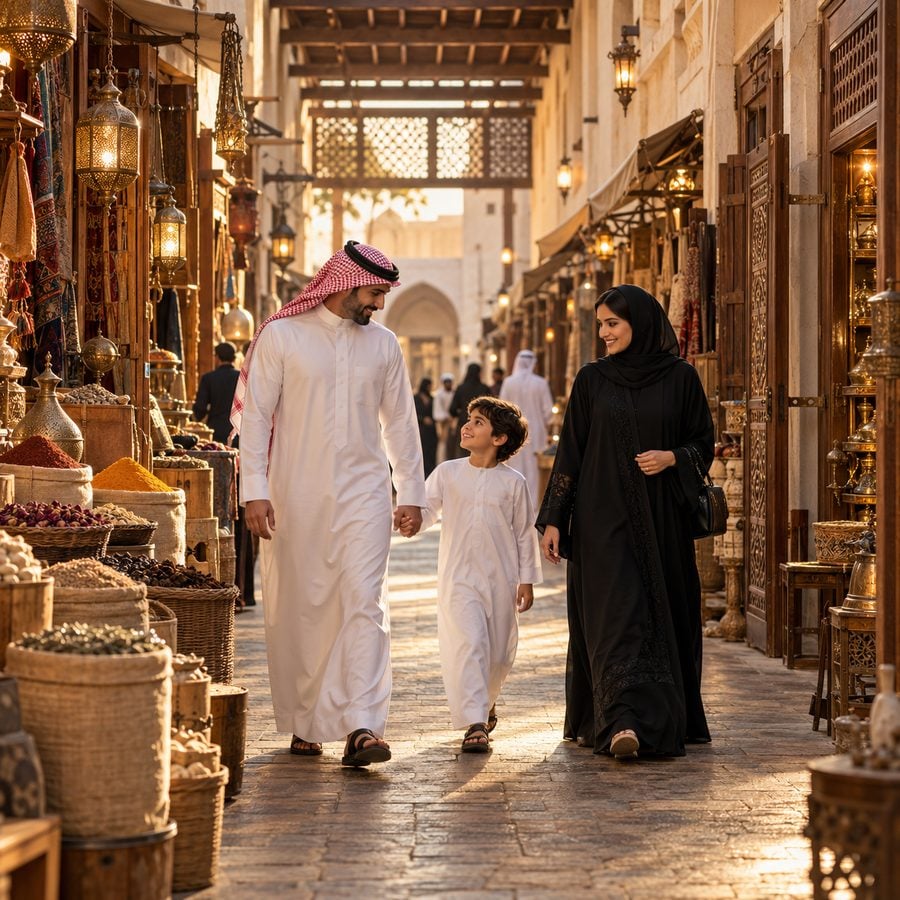 عائلة خليجية تتجول في سوق تقليدي مسقوف في المنامة