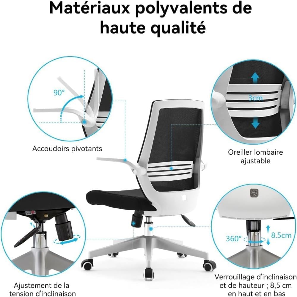 كرسي مكتب مريح M76GY من ووديز، كرسي مكتب دوار بارتفاع قابل للتعديل بظهر شبكي مع دعم لاسفل الظهر، مسند ذراع قابل للطي 90 درجة (اسود)