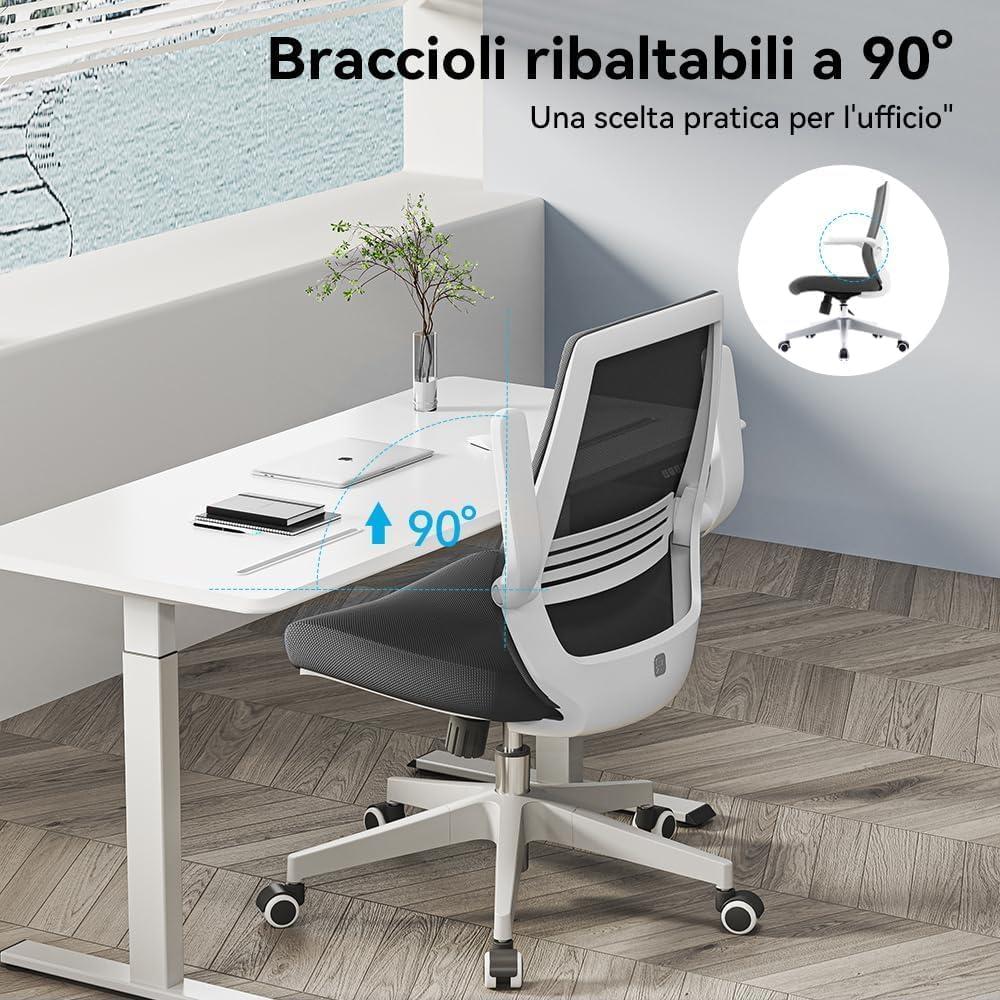 كرسي مكتب مريح M76GY من ووديز، كرسي مكتب دوار بارتفاع قابل للتعديل بظهر شبكي مع دعم لاسفل الظهر، مسند ذراع قابل للطي 90 درجة (اسود)